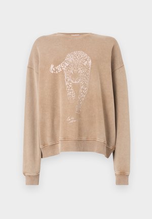 Μπεζ φούτερ με στρογγυλή λαιμόκοψη, μακριά μανίκια και ribbed μανσέτες. Διαθέτει λευκό γραφικό τύπωμα λεοπάρδαλης στο μπροστινό μέρος και κοντό μήκος.