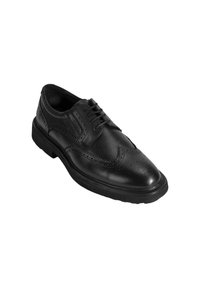Schwarze Leder-Oxford-Schuhe mit strukturierter Oberfläche, Schnürdesign, Wingtip-Verzierungen und durchbrochenen Akzenten. Gummisohle für guten Halt.