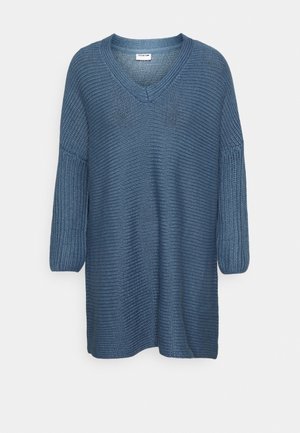 Blue knitted sweater with a V-neck, three-quarter length sleeves, ribbed texture, and loose fit. A casual, breathable design suitable for layering.