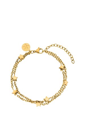 Gold double-chain bracelet with small star charms and a round star-engraved tag, featuring a lobster clasp and adjustable extender chain.