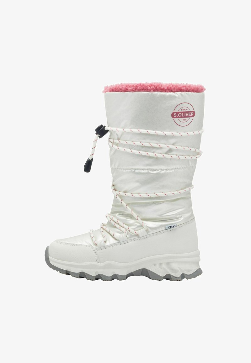 Witte waterdichte sneeuwlaars met roze nepbont bovenkant, gestructureerde bovenkant, witte en rode veters, en een robuuste grijze zool, geschikt voor koud weer.