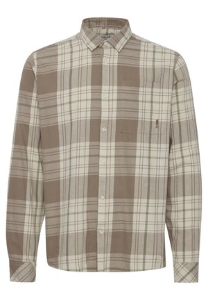 Brun og beige rutete skjorte med hvite og grønne detaljer, knapp-up krage, en enkelt brystlomme, myk stoff, lange ermer med knappedusk.
