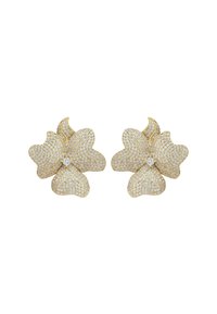 Gold flower-shaped earrings adorned with intricate clear rhinestones, featuring a central stone and textured petals.
