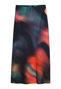 Black skirt featuring a smooth texture and a vibrant abstract pattern of red, green, and blue hues. Mid-length design with a simple waistband.