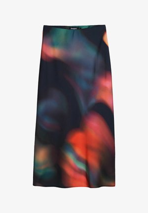 Jupe noire avec une texture lisse et un motif abstrait vibrant de teintes rouges, vertes et bleues. Design mi-long avec une taille simple.