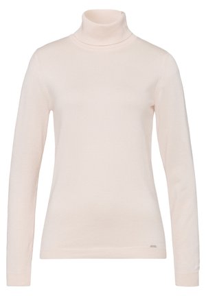 Long-sleeve cream-colored turtleneck sweater with a fitted silhouette and ribbed collar and cuffs.