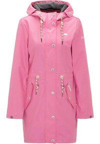 Vaaleanpunainen vedenkestävä sadeviitta, jossa on etunapit, säädettävät nauhat helmineen, kaksi läpällistä taskua ja harmaa vuori hupussa.