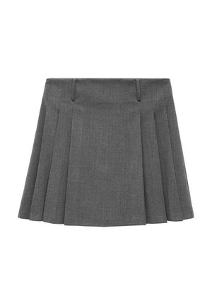 Jupe plissée grise en tissu tissé avec une texture lisse, dotée d'une taille haute et d'un design ajusté.