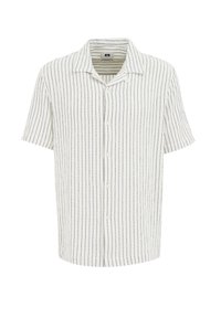 Short-sleeve button-up shirt in white with navy vertical stripes. Features a notch collar and a relaxed fit with a textured fabric.