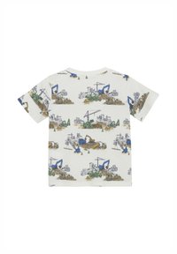 Kurzarm-T-Shirt für Kinder aus weichem weißen Stoff mit bunten Drucken von Baumaschinen in Blau, Grün, Braun und Grau.