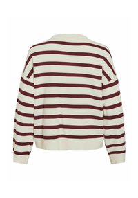 Gestreifter Pullover in Creme und Burgunder, mit lässiger Passform, geripptem Kragen und Bündchen, sowie horizontalen Streifen auf dem Rücken.