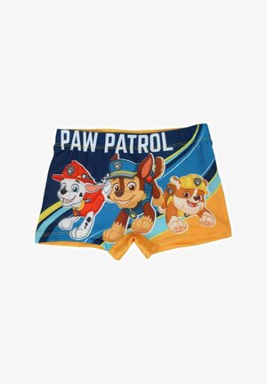 Shorts de bain pour garçons avec un design coloré de trois chiens dessin animés, principalement bleu et jaune, avec le texte graphique "PAW PATROL".