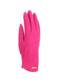 Guanto in suede rosa con una texture liscia, design aderente e cinque dita. Presenta un piccolo etichetta metallica nell'area del polso.