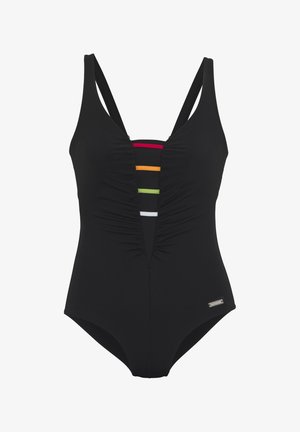 Black one-piece swimsuit with a deep v-neck and ruched front. Features colorful horizontal straps: red, orange, green, and white. Metallic logo accent.