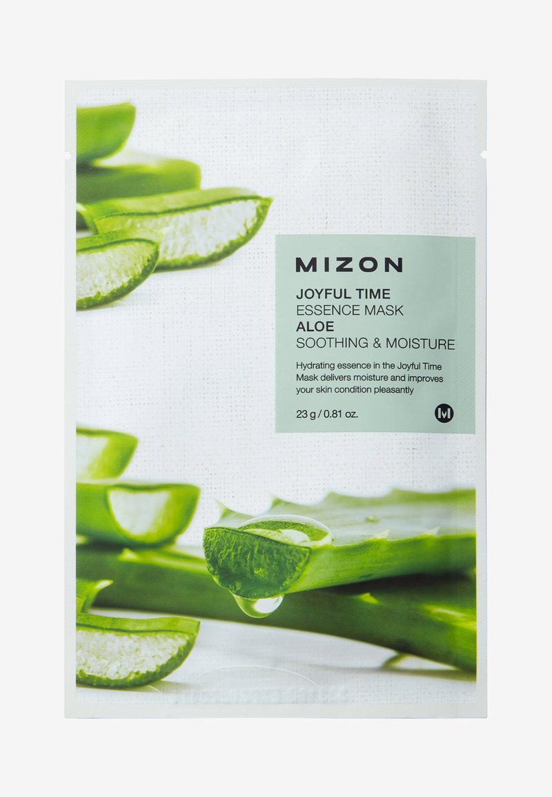 Opakowanie maseczki Mizon Joyful Time Aloe Essence Mask ma zielono-białą kolorystykę, prezentując plastry aloesu oraz kroplę esencji. 23g.