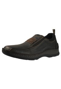 Scarpa in pelle marrone scuro senza lacci con cuciture a contrasto, colletto imbottito, linguetta e suola in gomma nera spessa.