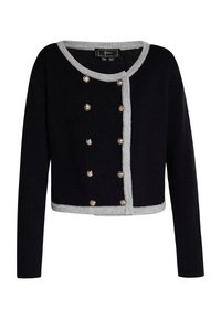 Zwarte gebreide cardigan met zilveren accenten, voorzien van een ronde halslijn, knoopsluiting en lange mouwen. De knopen zijn cirkelvormig en versierd.