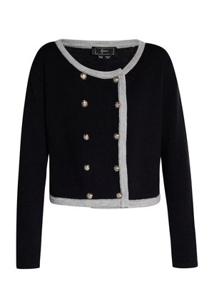 Černý pletený cardigan se stříbrnými akcenty, kulatým výstřihem, zapínáním na knoflíky a dlouhými rukávy. Knoflíky jsou kulaté a ozdobné.