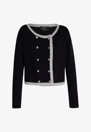 Cardigan nero lavorato a maglia con dettagli argentati, dotato di scollatura rotonda, chiusura con bottoni e maniche lunghe. I bottoni sono circolari e decorati.