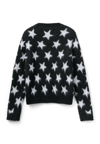 Svart tröja med ett vitt stjärnmönster, tillverkad av ett mjukt, strukturerat material. Har en rund halsringning och ribbade muddar och fåll.