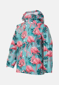 Flamingo-mønsteret regnjakke i mintgrøn, lavet af vandtæt materiale. Har hætte, trykknapper og elastiske håndled med reflekterende detaljer.