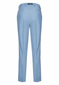 Lichtblauwe op maat gemaakte broek met een gladde textuur, voorzien van twee achterzakken en een slank, recht gesneden ontwerp.