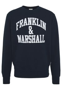 Felpa blu navy in misto cotone, con logo bianco "FRANKLIN & MARSHALL" in carattere serif grassetto sul davanti. Vestibilità classica con polsini a costine.