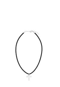Collana in corda nera intrecciata con un piccolo pendente a croce in argento, dotata di chiusura a scomparsa e catena di lunghezza regolabile.