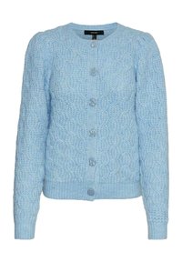 Ljusblå stickad kofta med ett mönster av sammanflätade öglor, med rund halsringning och sex matchande knappar framtill.