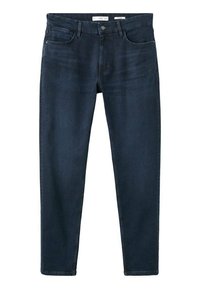 Vaqueros de mezclilla azul oscuro con un corte ajustado. Presentan cinco bolsillos, cierre de botón y una textura lisa con un ligero efecto desgastado.