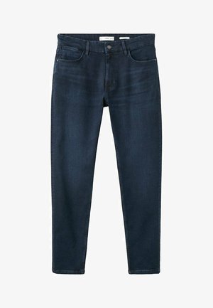 Jean en denim bleu foncé avec une coupe ajustée. Comprend cinq poches, une fermeture à bouton, et une texture lisse légèrement usée.