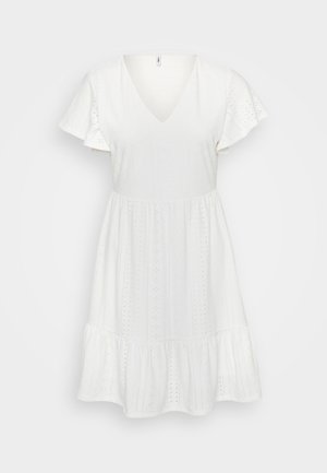 White cotton dress with a V-neck, short flounce sleeves, and a tiered ruffle hem. Features embroidery and small cut-out patterns throughout.