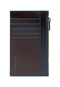 Donkere bruine leren portemonnee met blauwe accenten, voorzien van meerdere kaartenvakjes, een vak met rits en geperste merkdetails.