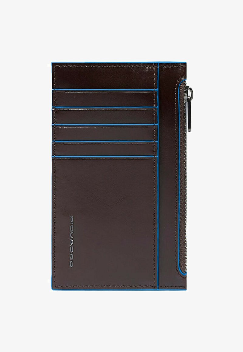 Donkere bruine leren portemonnee met blauwe accenten, voorzien van meerdere kaartenvakjes, een vak met rits en geperste merkdetails.