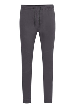 Dunkelgraue, leichte Hose mit elastischem Bund, Kordelzug und schmal zulaufenden Beinen; verfügt über gestickte Akzente an den Oberschenkeln.