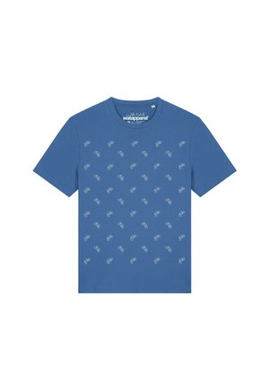 Blaues kurzärmeliges T-Shirt mit kleinen weißen Fahrradmustern, die gleichmäßig über die Vorderseite in der Mitte verteilt sind.