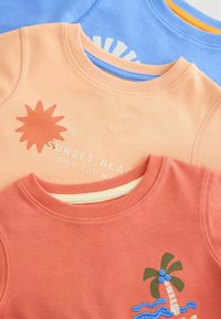 Drei Crewneck-Sweatshirts in Pfirsich, Koralle und Himmelblau. Mit gedruckten Grafiken: Sonne, Text und Palmen-Design. Aus weichem Baumwollmaterial.