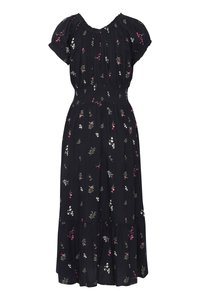 Sort midi-kjole med pink og hvidt blomsterprint, korte pufærmer, elastisk off-shoulder udskæring samt gathered talje og kant.