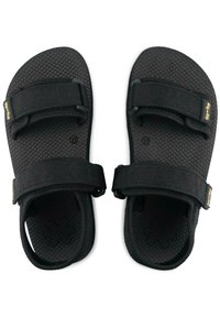 Black sandals with a textured rubber sole and adjustable fabric straps for a secure fit. Features a honeycomb pattern on the surface.