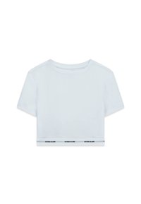 Witte cropped t-shirt met korte mouwen, voorzien van een ronde halslijn en een contrasterende band aan de zoom met "GUESS JEANS" in zwarte tekst.