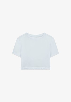 Witte cropped t-shirt met korte mouwen, voorzien van een ronde halslijn en een contrasterende band aan de zoom met "GUESS JEANS" in zwarte tekst.