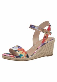 Sandalo con zeppa a motivo floreale, tacco in juta intrecciata, design con punta aperta, cinturino alla caviglia regolabile e sottopiede morbido in colori pastello.