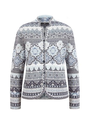 Cardigan a motivi con intricate geometrie in tonalità di blu e navy, con colletto rotondo, bottoni frontali e maniche lunghe.