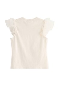 Hvid bomulds-T-shirt med korte, flæseformede transparente ærmer. Enkel rund halsudskæring og tætsiddende pasform. Glat tekstur uden mønstre eller detaljer.