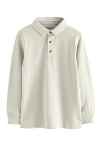 Bleekbeige polo shirt met lange mouwen, gemaakt van textuurstof, met een klassieke kraag, een drieknoopsluiting en geribde manchetten.