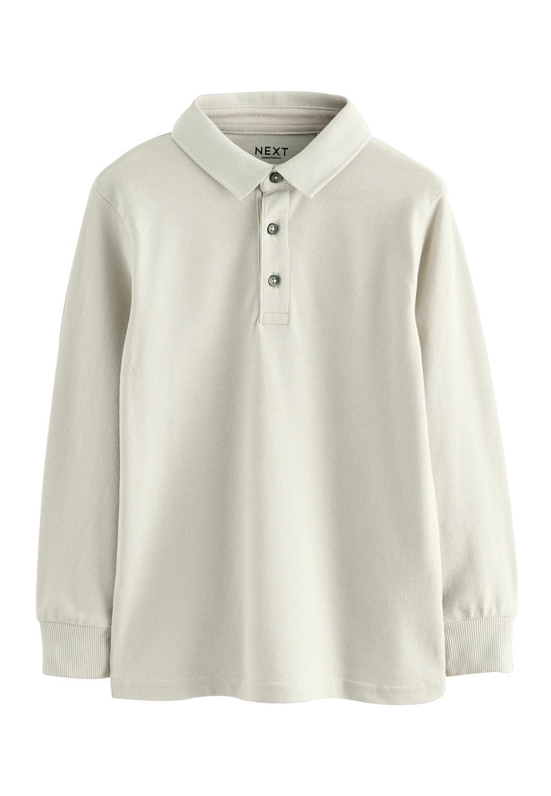Bleekbeige polo shirt met lange mouwen, gemaakt van textuurstof, met een klassieke kraag, een drieknoopsluiting en geribde manchetten.
