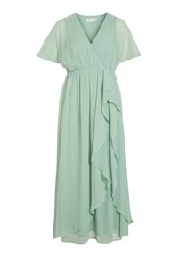 Lichtgroene polyester maxi-jurk met een v-hals, vlinderstijl mouwen en een gerimpeld detail langs één zijde. Vloeiende, lichte stof.