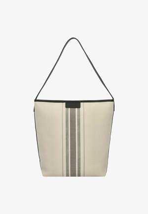 Bolso de lona en crema con bordes negros, que presenta tres rayas verticales grises. Correa de hombro ajustable para mayor comodidad al llevarlo.
