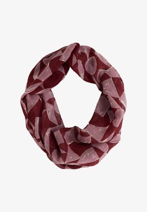 Bordeauxfarbener Infinity-Schal aus leichtem Stoff, der sich durch sich überlappende geometrische Formen in verschiedenen Rosa- und Weißtönen auszeichnet und eine weiche Textur besitzt.