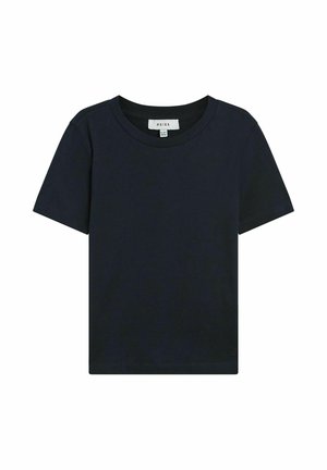 Navyblaue Baumwoll-T-Shirt mit kurzen Ärmeln, rundem Halsausschnitt und einem dezenten Logo am Saum. Angenehme Textur und reguläre Passform.